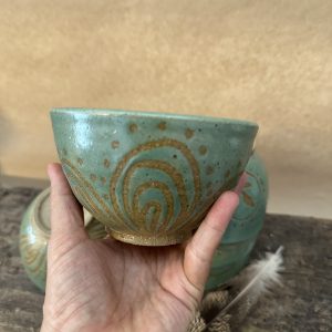 Small Bowl in Green with Peacock feather design