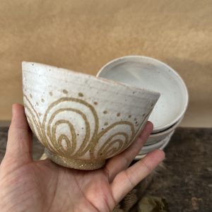 Small Bowl in Sandstone white with Peacock feather